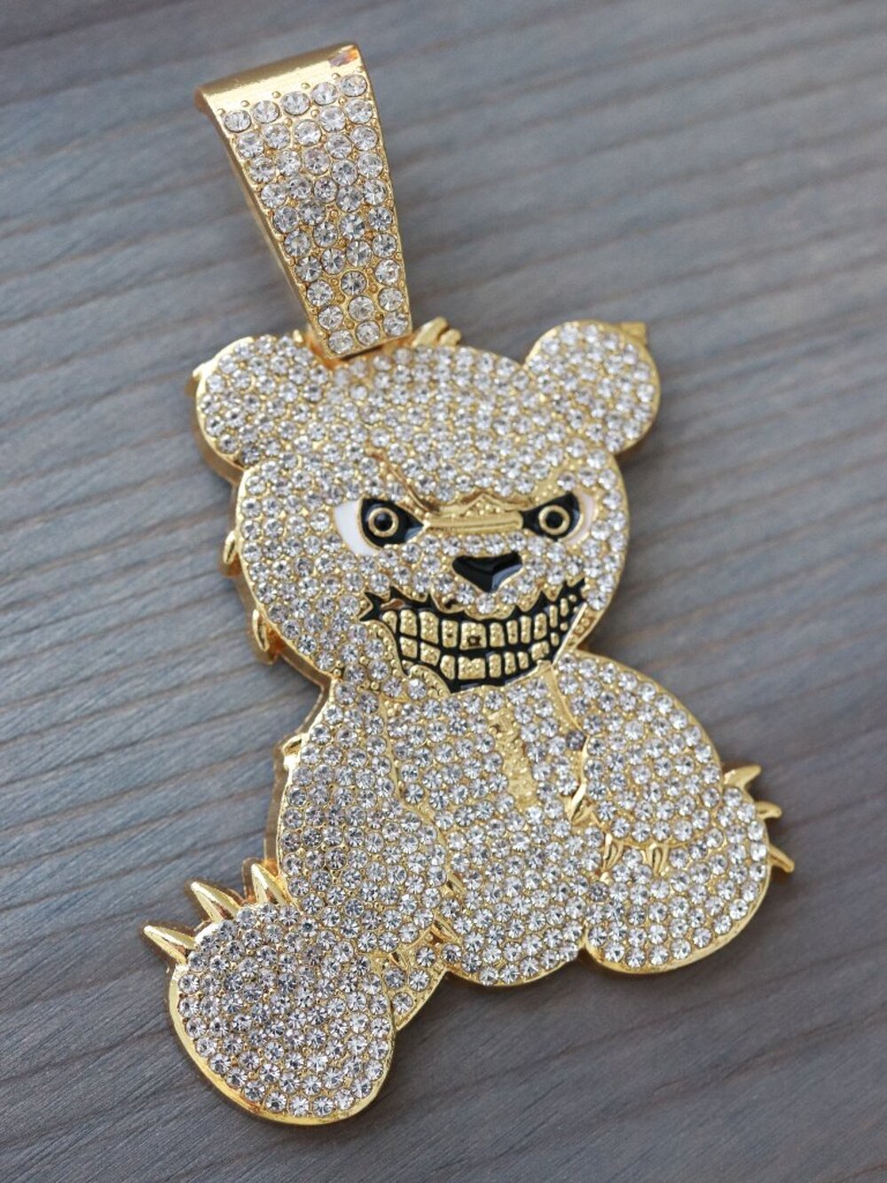 Angry Bear Ice Style with Rhinestones Pendant 18k Gold Plated